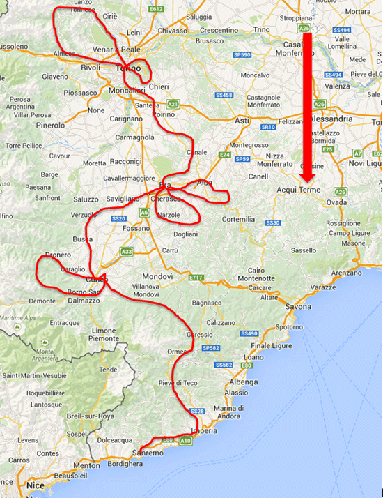 Piedmont-Torino to San Remo Map Piedmont-Torino to San Remo Map